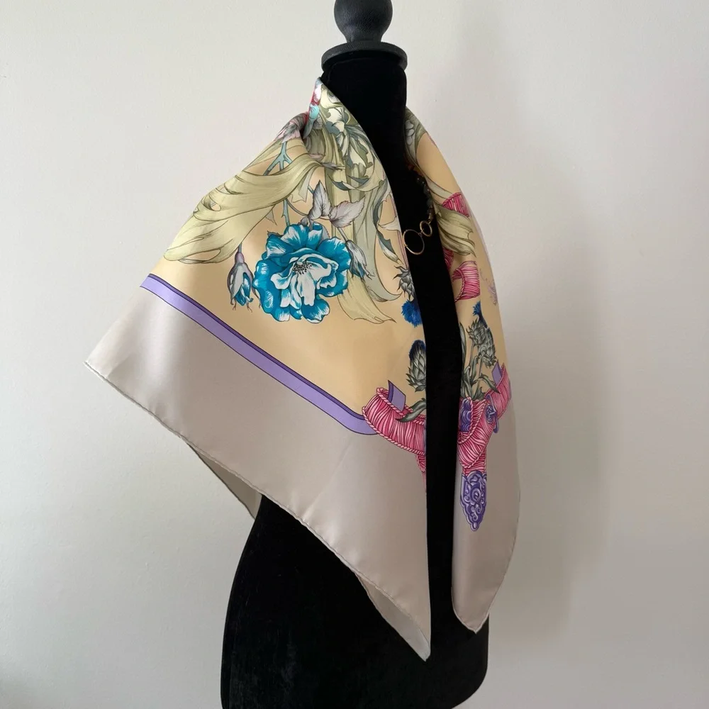 Hermes Floral Bouquet Silk Scarf in Cream Pink Blue